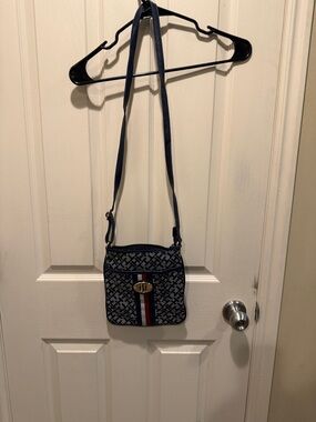 Navy Patterned Crossbody Bag with Red-White Stripe